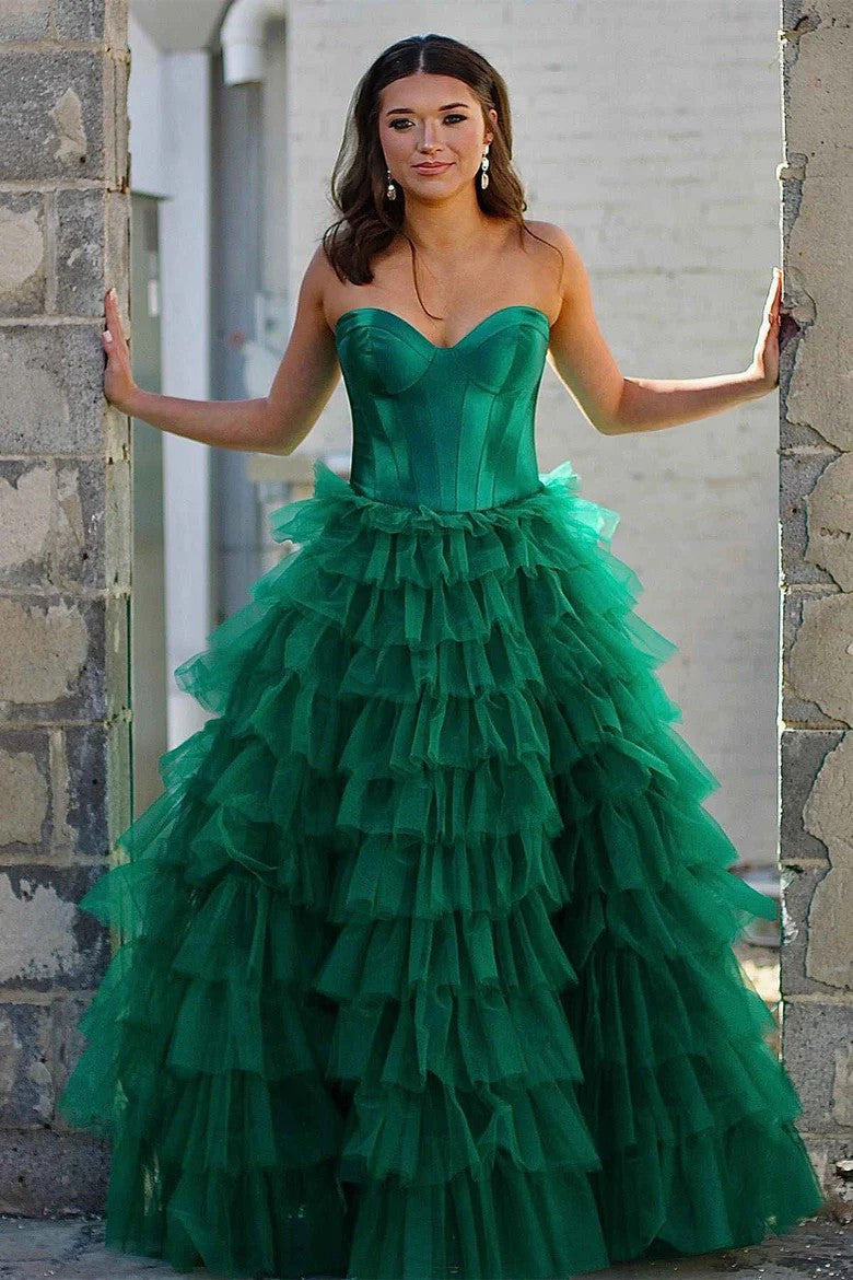 Lumidress Off-Shoulder Sweetheart Tiered Tulle Long Prom Dress with Slit