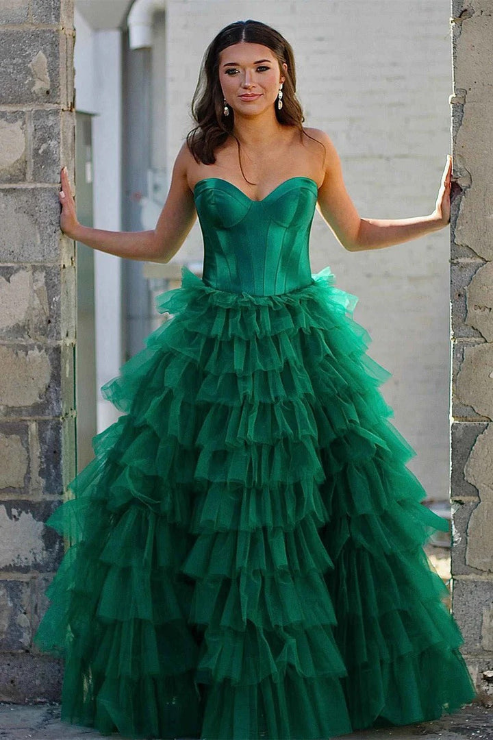 Lumidress Off-Shoulder Sweetheart Tiered Tulle Long Prom Dress with Slit