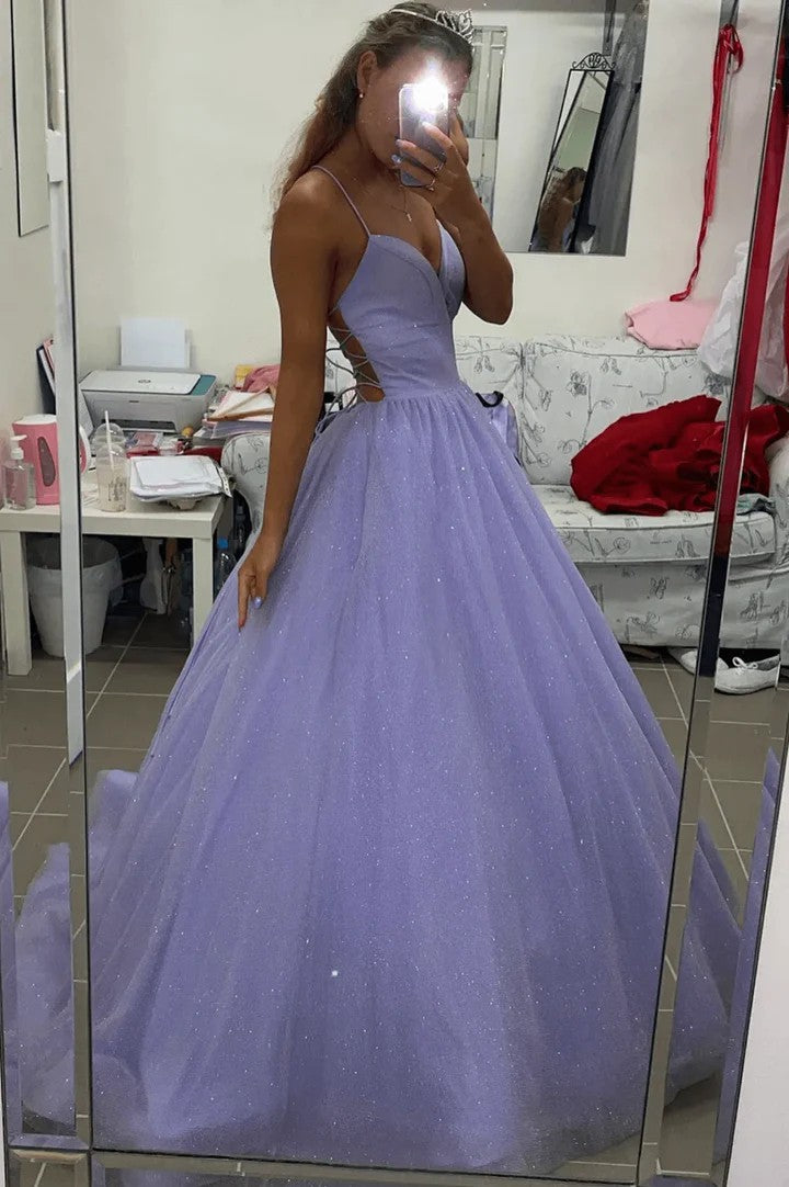 Lumidress Purple Tulle A-Line Long Prom Dress with Spaghetti Straps and Backless Design