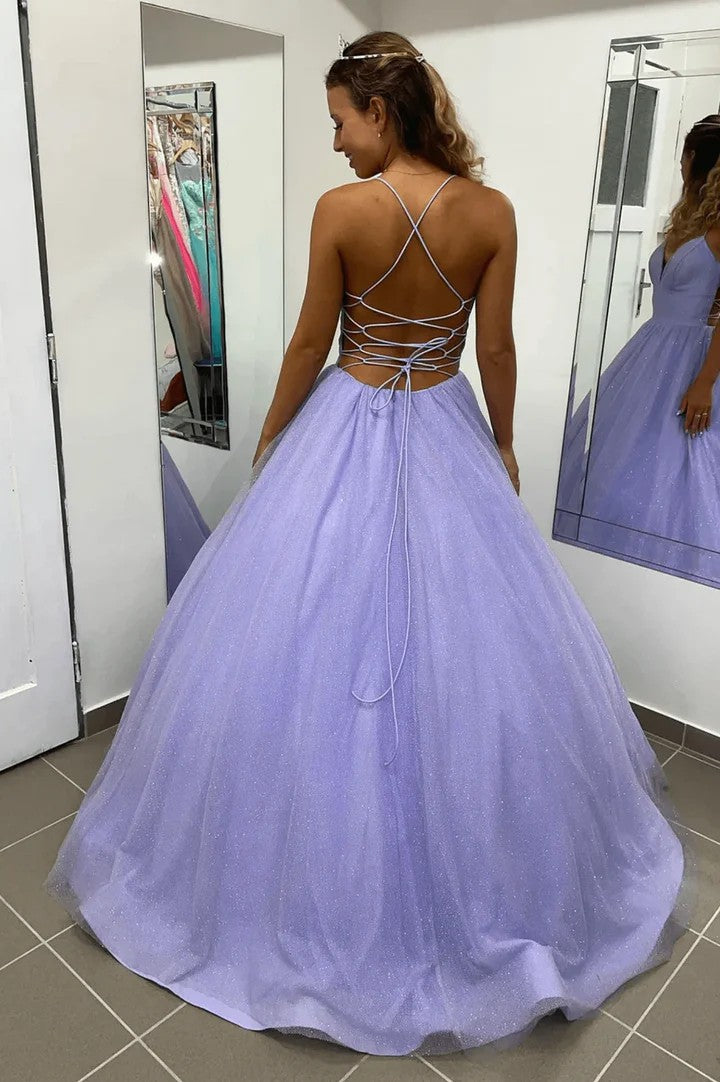 Lumidress Purple Tulle A-Line Long Prom Dress with Spaghetti Straps and Backless Design