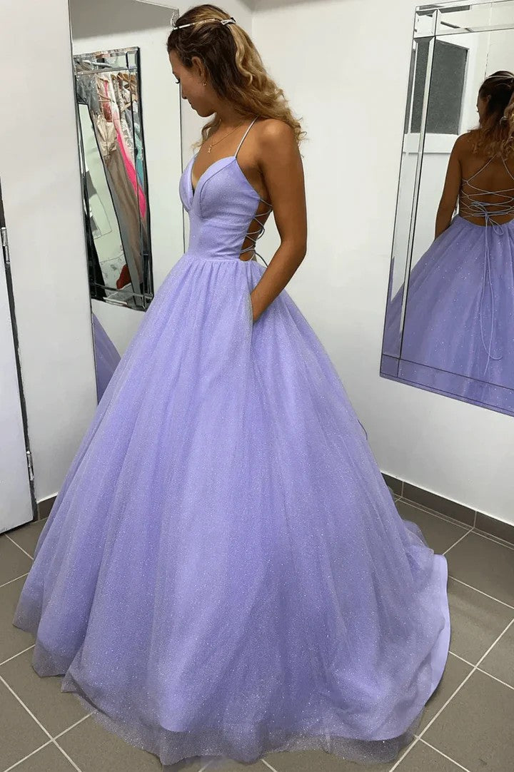 Lumidress Purple Tulle A-Line Long Prom Dress with Spaghetti Straps and Backless Design