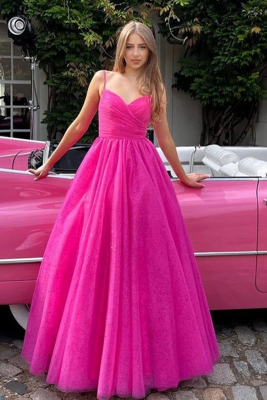 Lumidress Hot Pink Pleated V-Neck A-Line Prom Dress with Spaghetti Straps