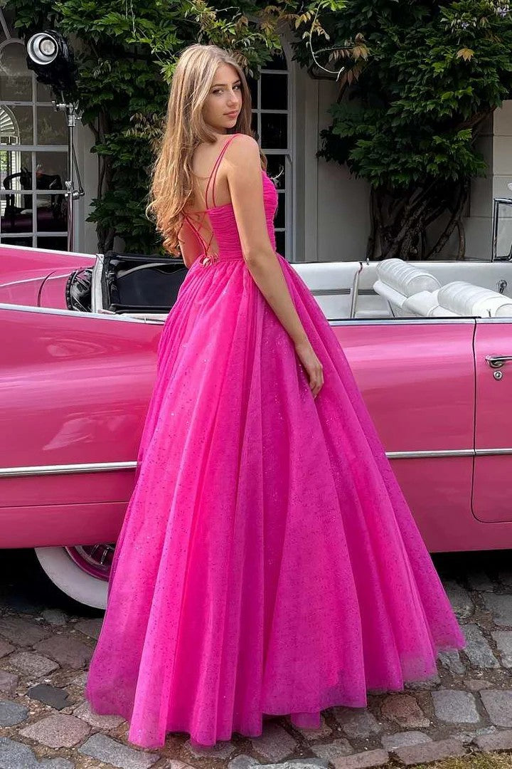 Lumidress Hot Pink Pleated V-Neck A-Line Prom Dress with Spaghetti Straps