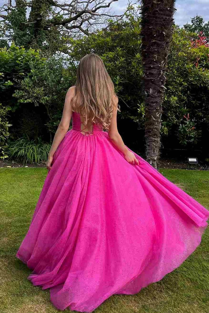Lumidress Hot Pink Pleated V-Neck A-Line Prom Dress with Spaghetti Straps