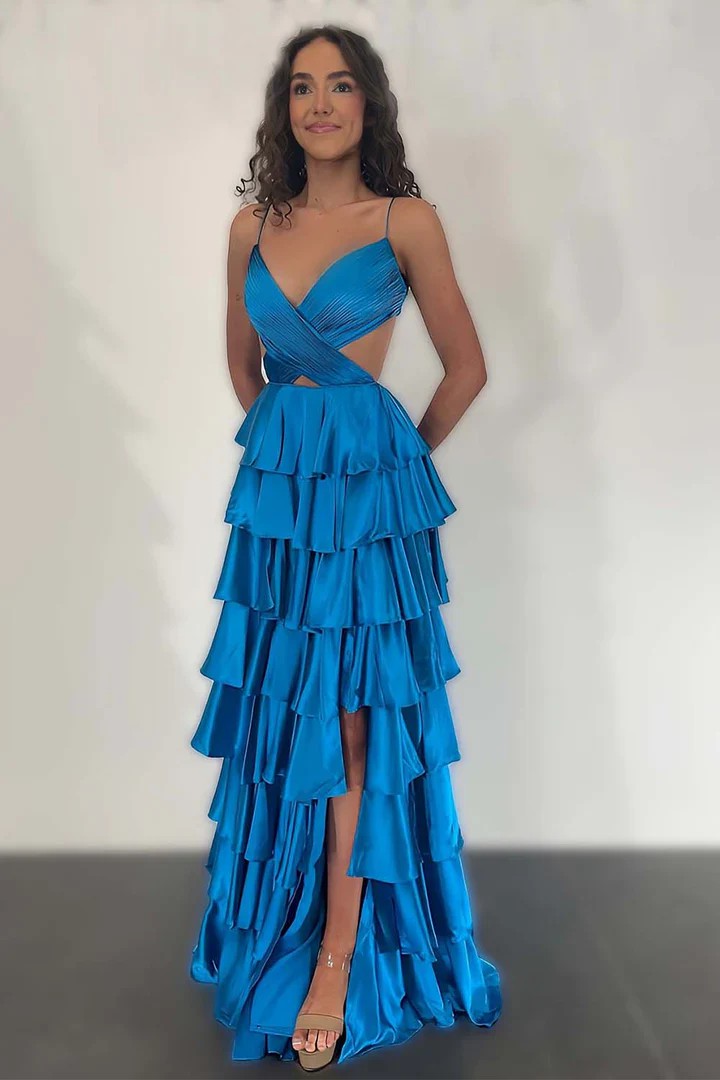 Lumidress Elegant V-Neck Tiered A-Line Long Prom Dress