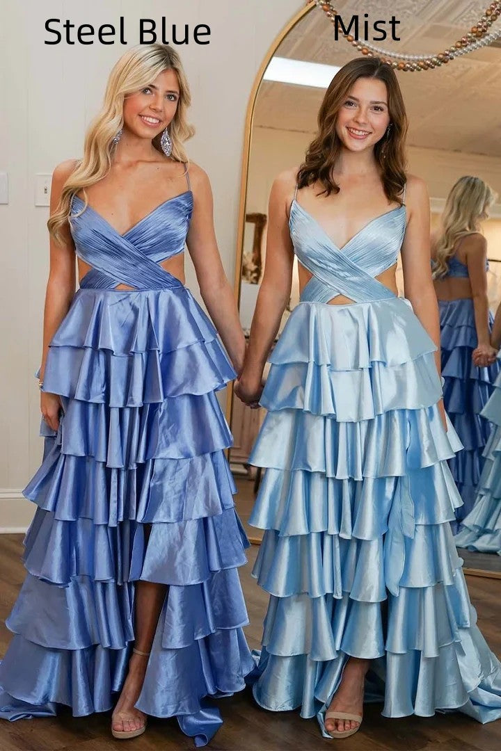 Lumidress Elegant V-Neck Tiered A-Line Long Prom Dress