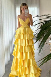 Lumidress Elegant V-Neck Tiered A-Line Long Prom Dress