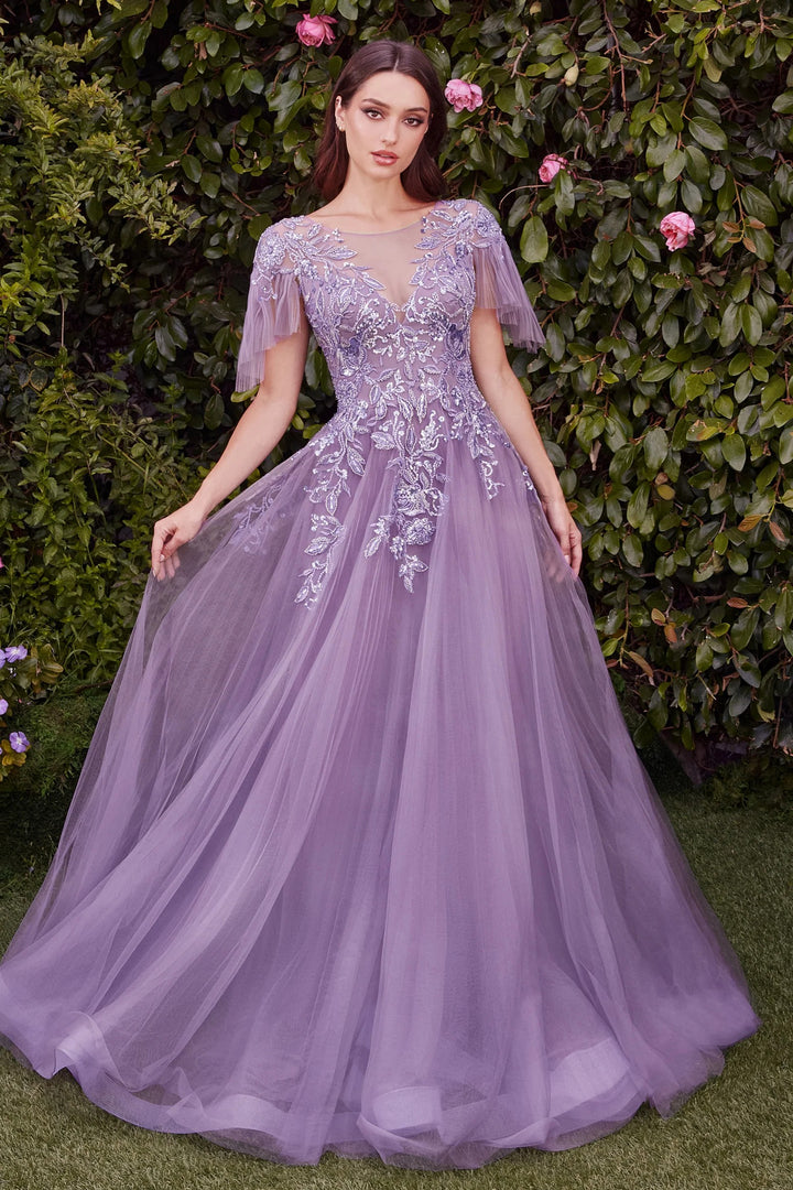 Lumidress Illusion V-Neck Bodice A-line Gown with Ruffled Sleeves