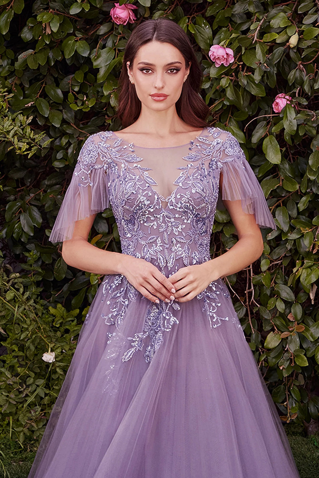 Lumidress Illusion V-Neck Bodice A-line Gown with Ruffled Sleeves
