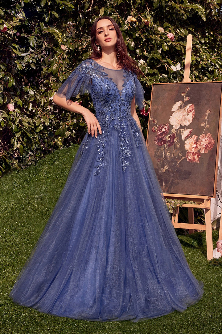 Lumidress Illusion V-Neck Bodice A-line Gown with Ruffled Sleeves