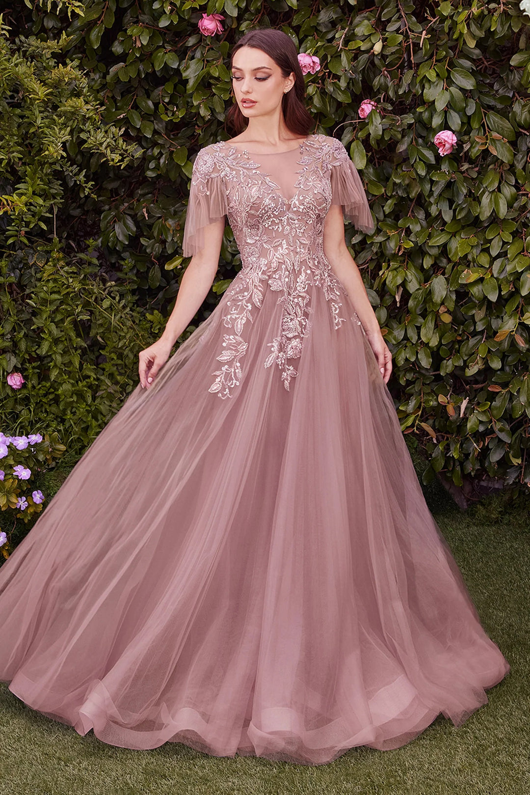 Lumidress Illusion V-Neck Bodice A-line Gown with Ruffled Sleeves