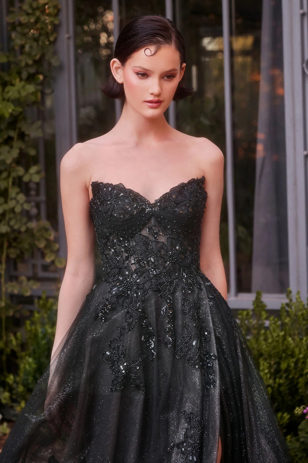 Lumidress Sweetheart Neck Sequin Applique A-Line Slit Gown for Formal Occasion