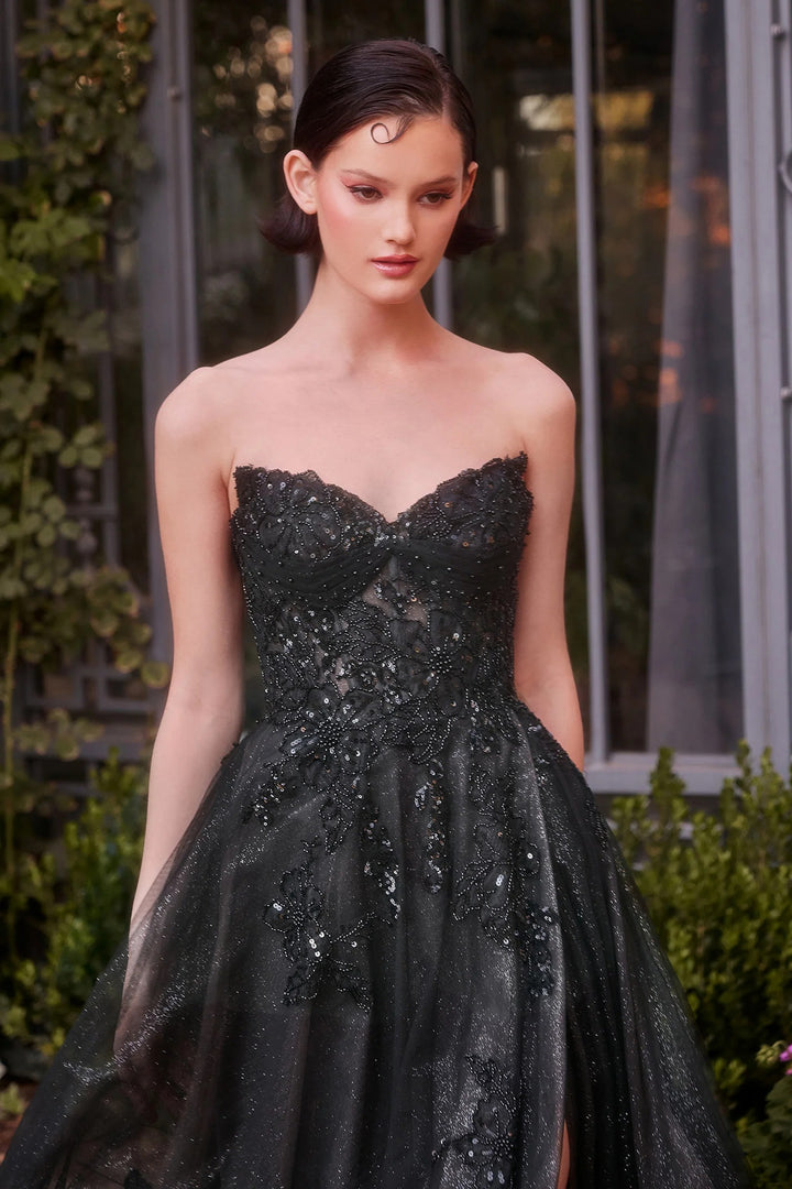 Lumidress Sweetheart Neck Sequin Applique A-Line Slit Gown for Formal Occasion