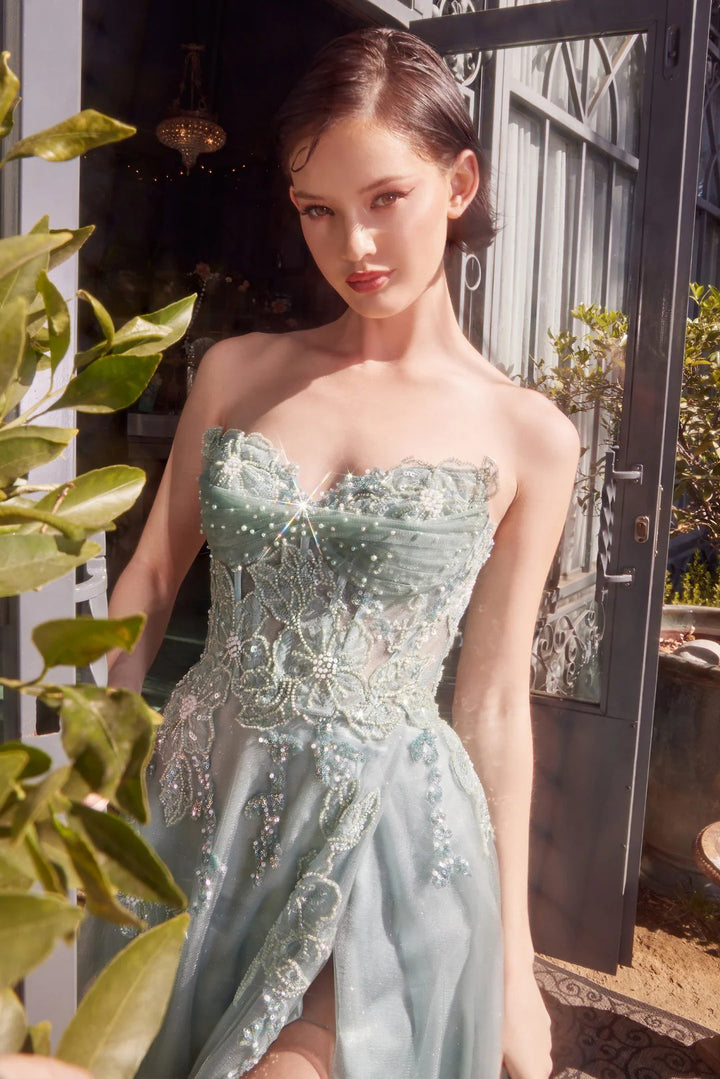 Lumidress Sweetheart Neck Sequin Applique A-Line Slit Gown for Formal Occasion