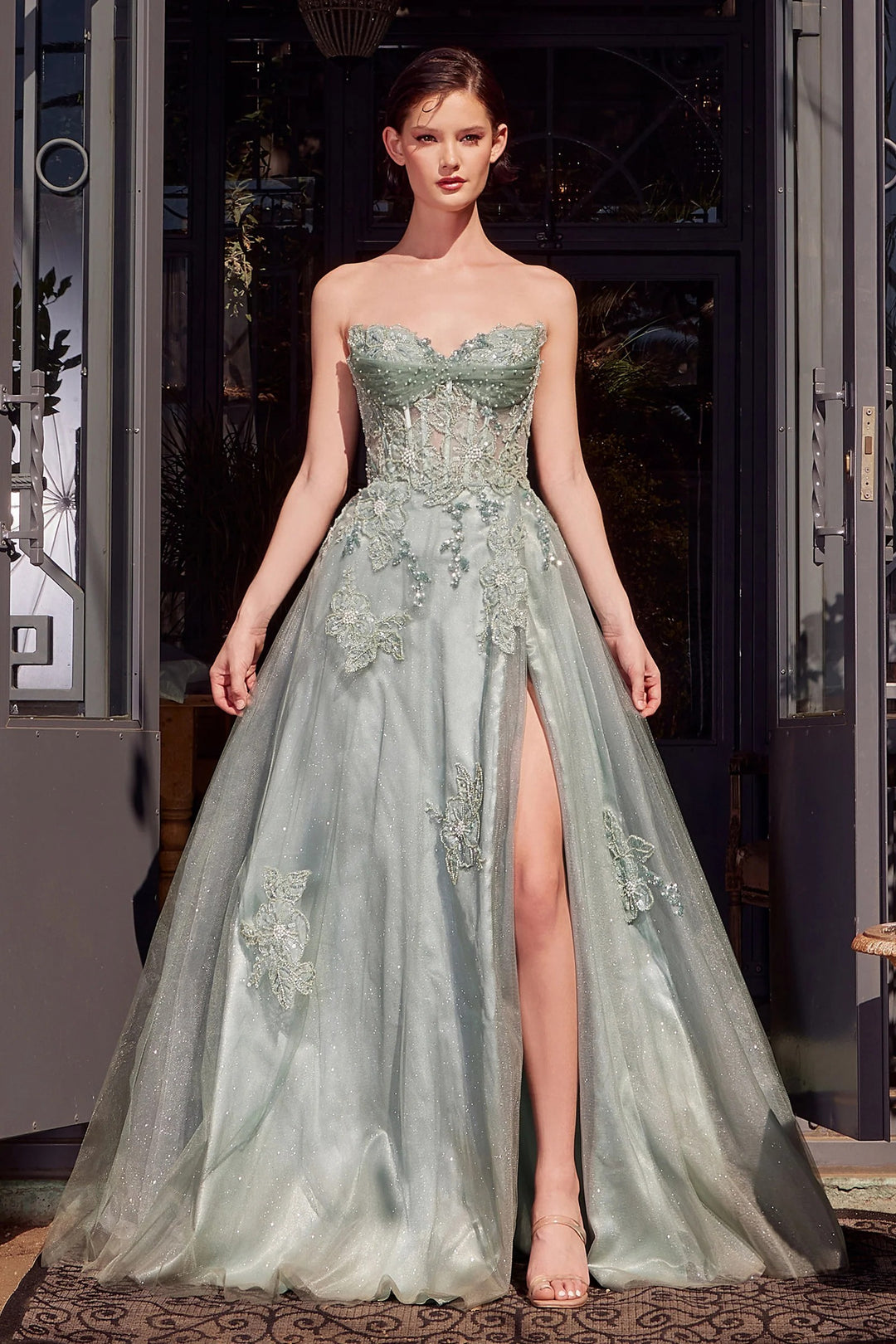 Lumidress Sweetheart Neck Sequin Applique A-Line Slit Gown for Formal Occasion