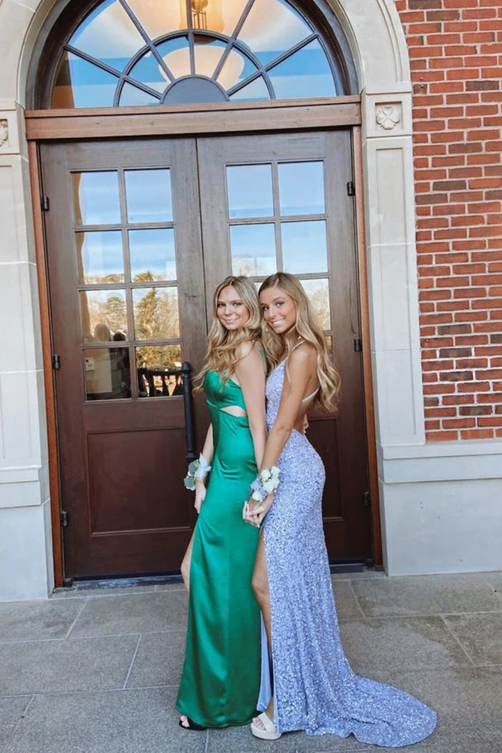 Lumidress Sparkling Light Blue Sequin Mermaid Prom Dress with V-Neck &amp; Slit