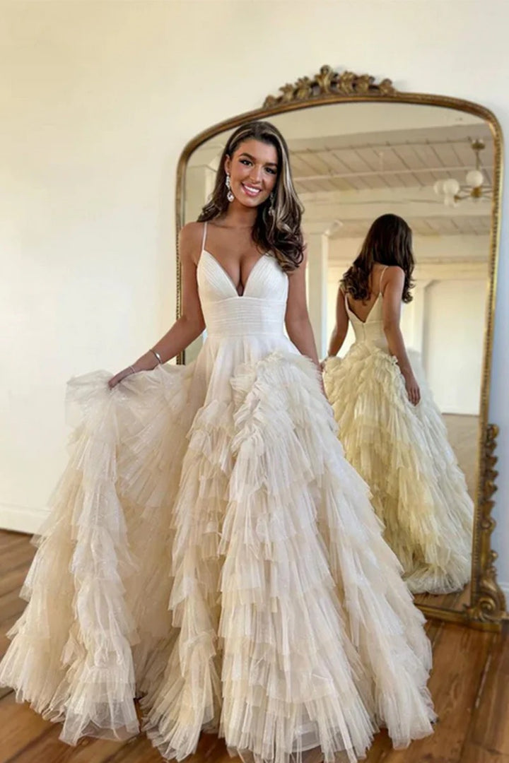 Lumidress Champagne Tulle Ball Gown Prom Dress with V-Neck