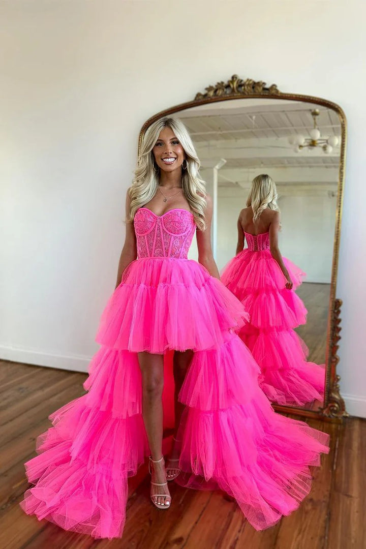Lumidress Hot Pink A-Line Sweetheart Prom Dress with Lace Details