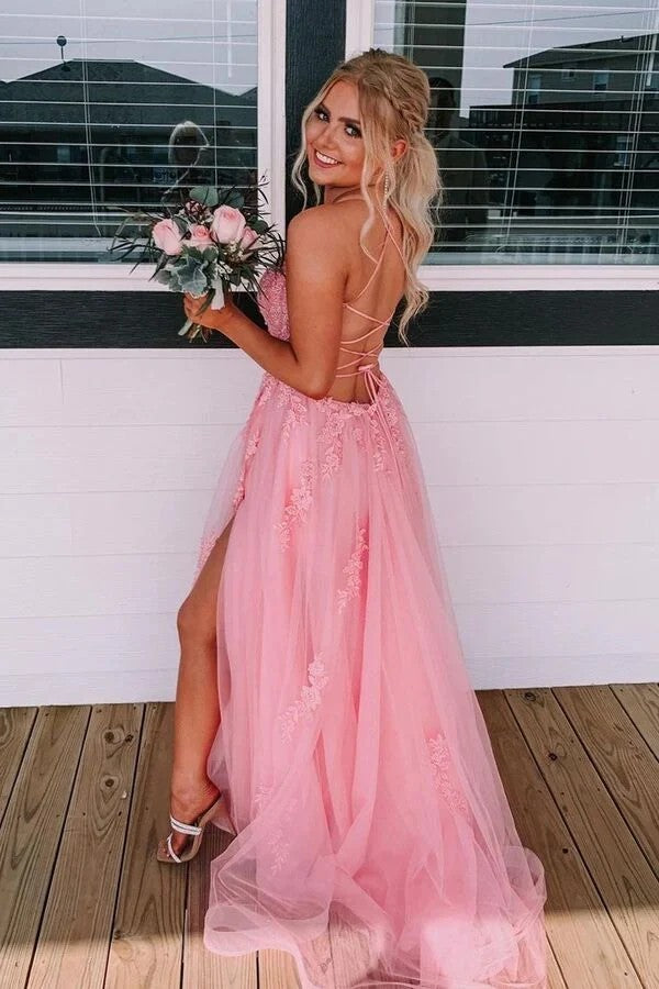 Lumidress Pink Tulle A-Line Long Prom Dress with Lace Appliqués and Backless Design