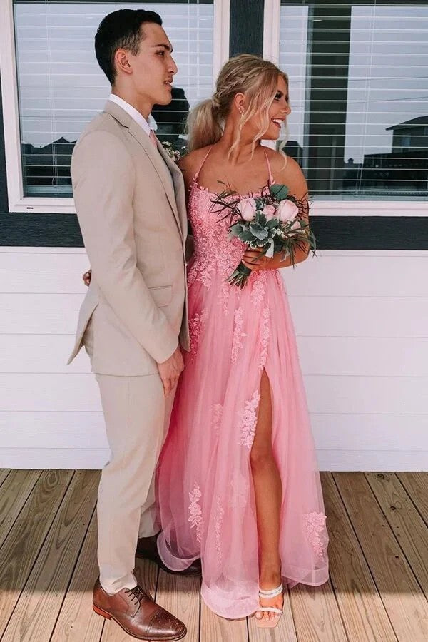 Lumidress Pink Tulle A-Line Long Prom Dress with Lace Appliqués and Backless Design