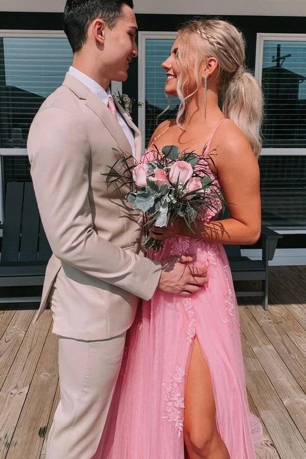 Lumidress Pink Tulle A-Line Long Prom Dress with Lace Appliqués and Backless Design