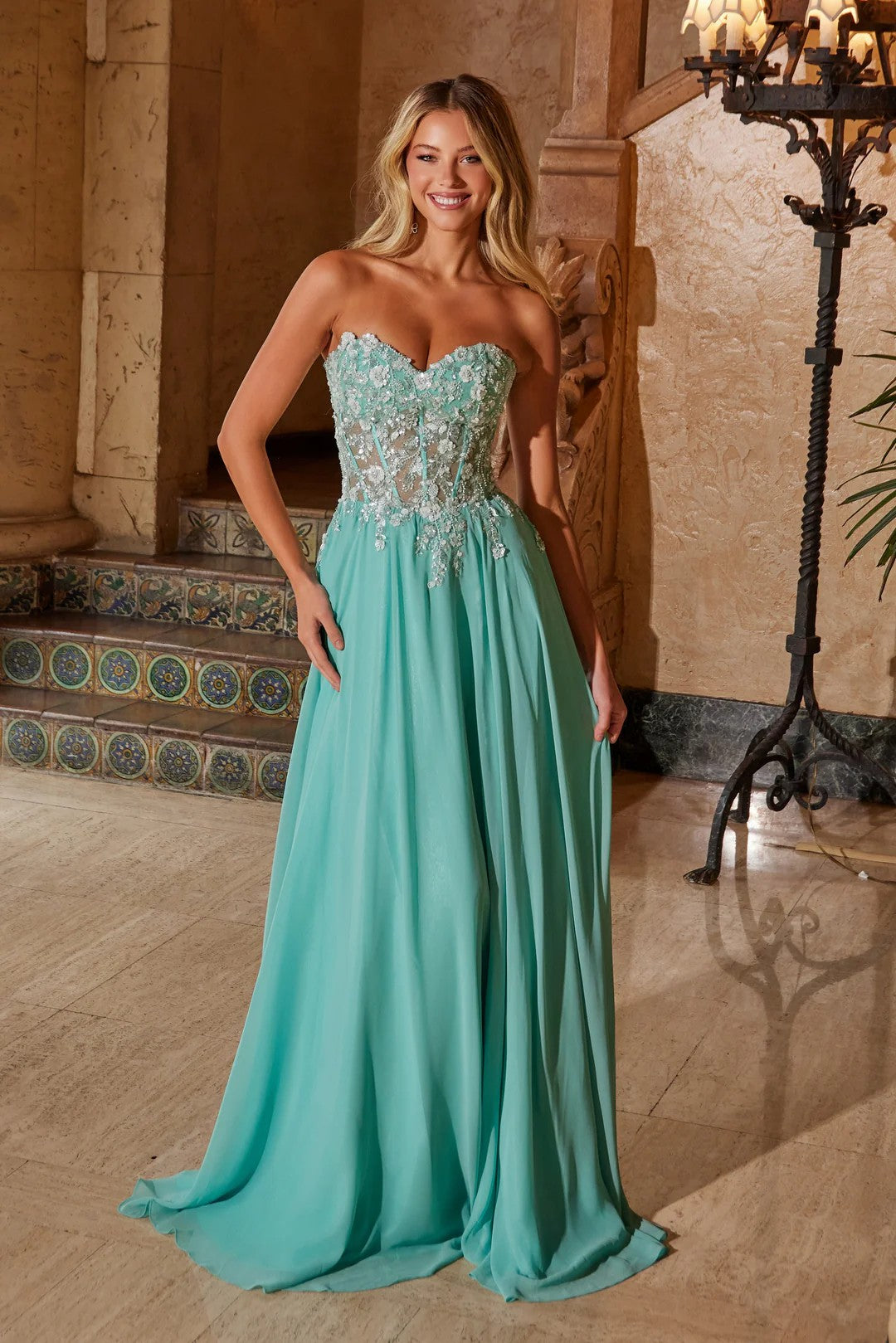 Lumidress Strapless Illusion Sweetheart Floral Applique Corset Gown