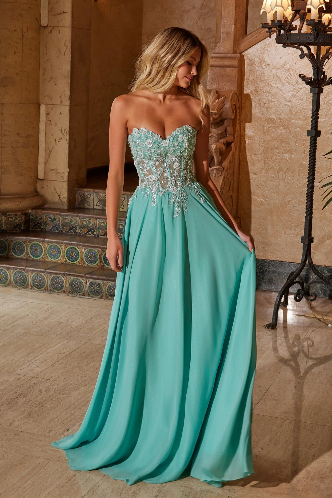 Lumidress Strapless Illusion Sweetheart Floral Applique Corset Gown