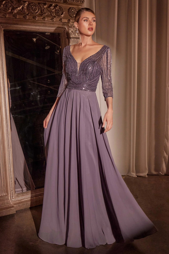 Lumidress Chiffon V-Neck 3/4 Sleeve A-Line Gown with Beaded Embellished