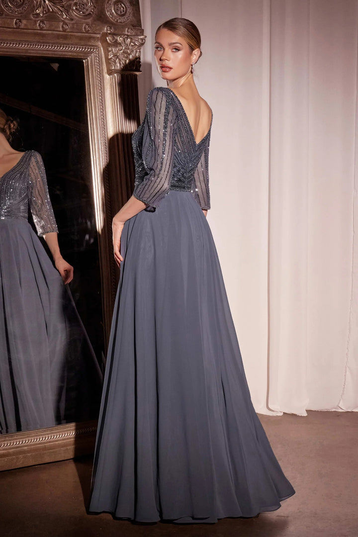 Lumidress Chiffon V-Neck 3/4 Sleeve A-Line Gown with Beaded Embellished