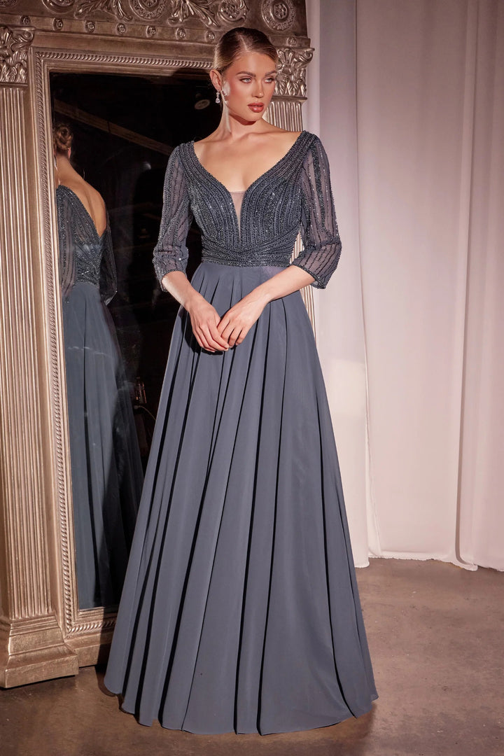 Lumidress Chiffon V-Neck 3/4 Sleeve A-Line Gown with Beaded Embellished