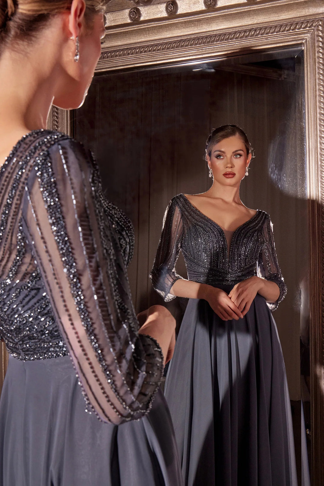 Lumidress Chiffon V-Neck 3/4 Sleeve A-Line Gown with Beaded Embellished
