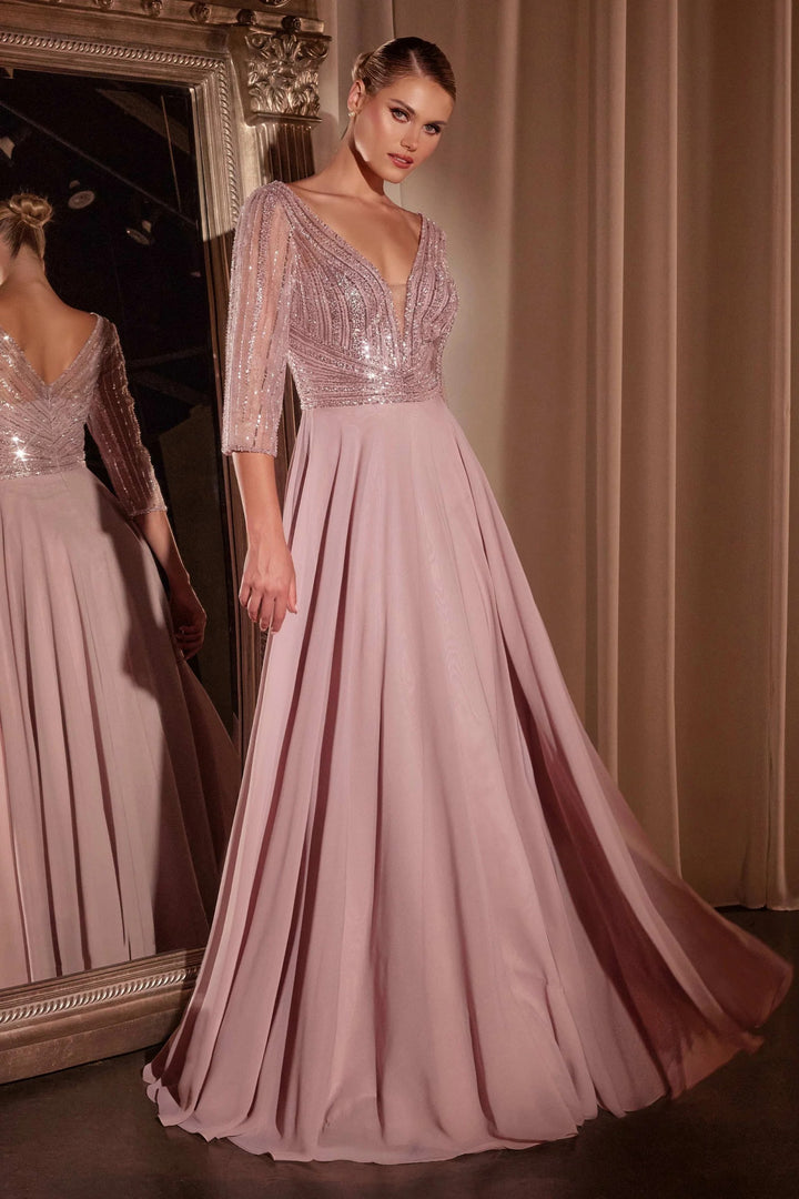 Lumidress Chiffon V-Neck 3/4 Sleeve A-Line Gown with Beaded Embellished