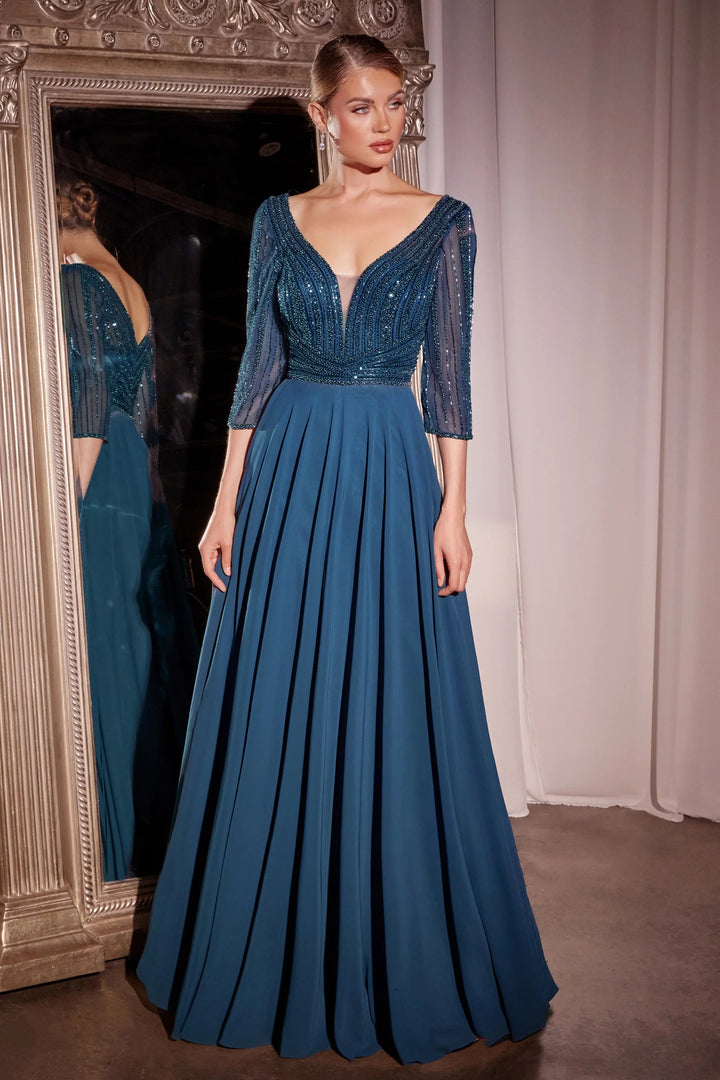 Lumidress Chiffon V-Neck 3/4 Sleeve A-Line Gown with Beaded Embellished