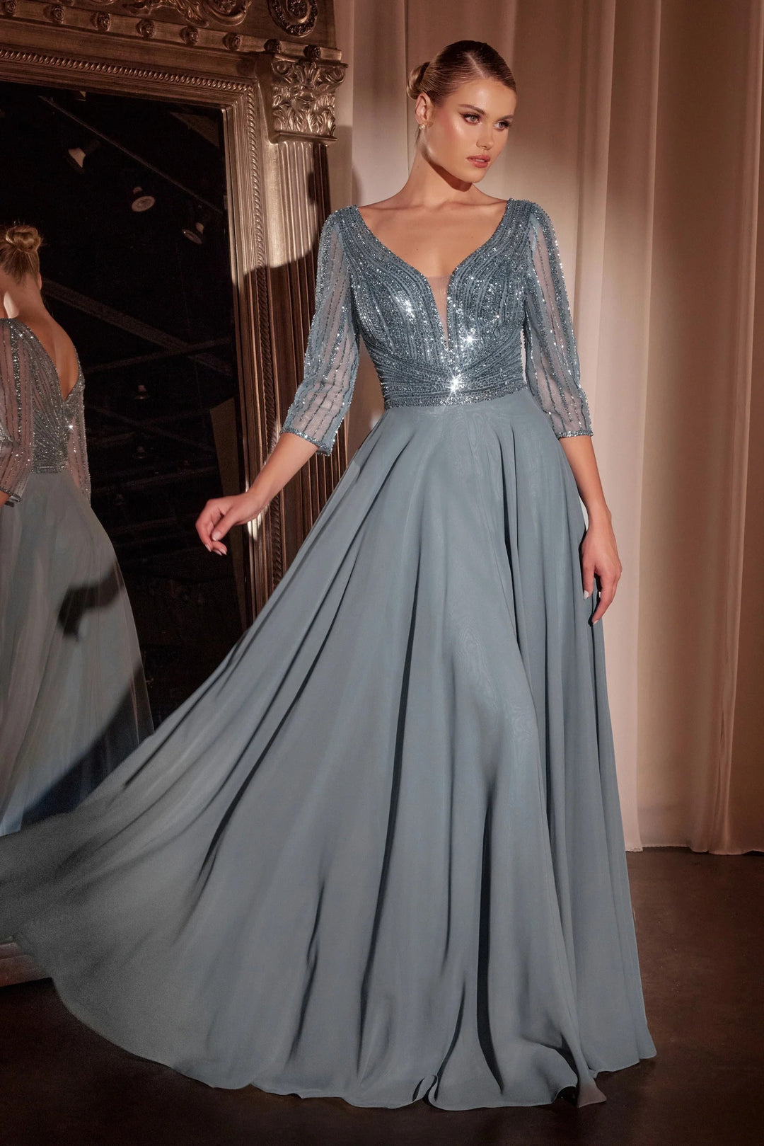 Lumidress Chiffon V-Neck 3/4 Sleeve A-Line Gown with Beaded Embellished