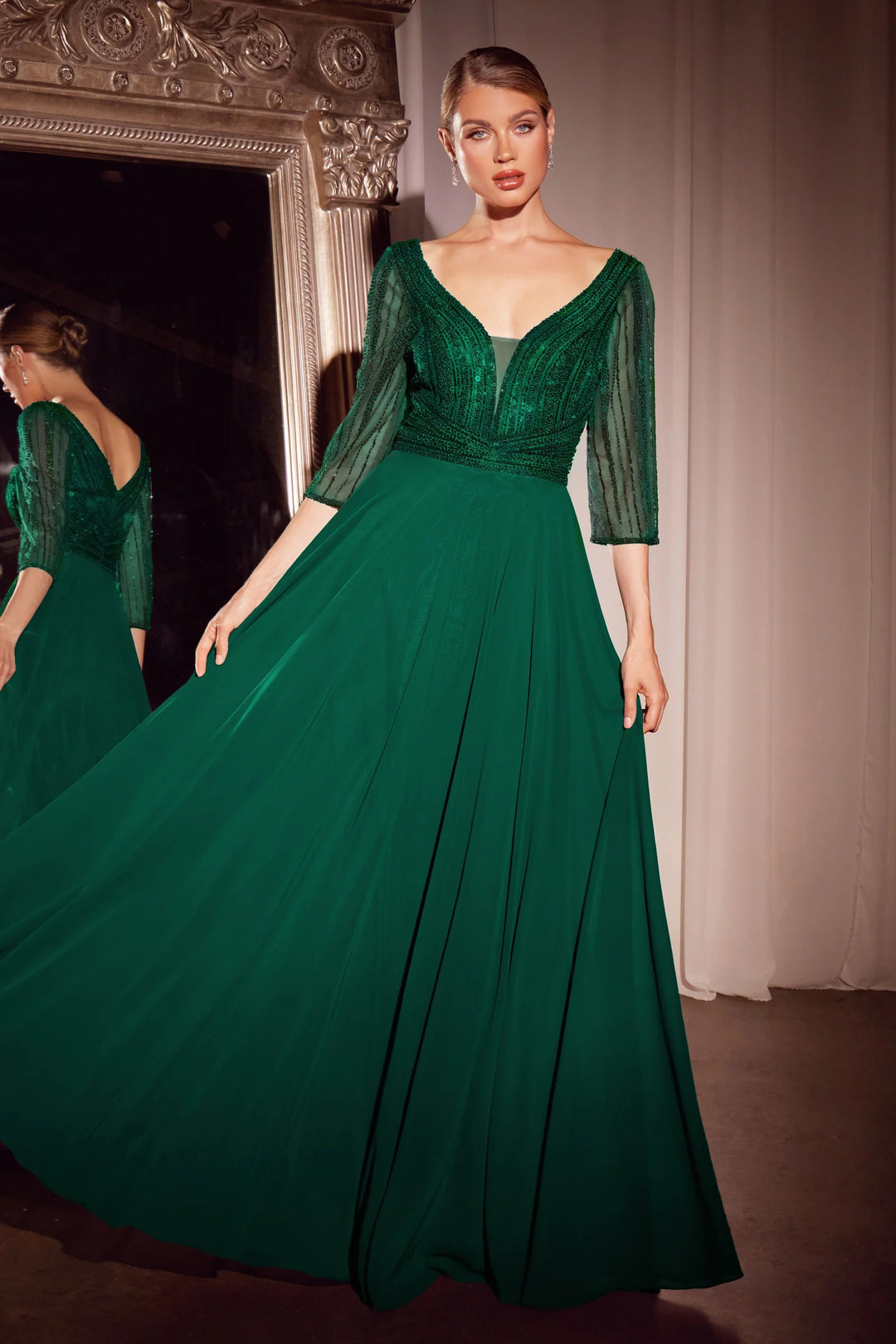 Lumidress Chiffon V-Neck 3/4 Sleeve A-Line Gown with Beaded Embellished