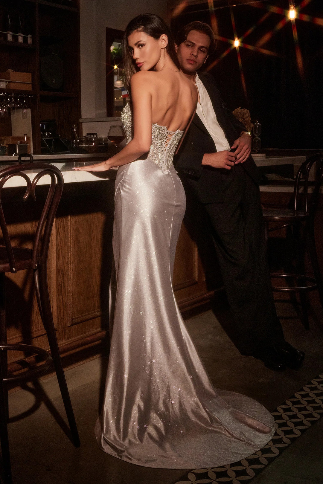 Lumidress Strapless Illusion Scoop Neck Bodice Beaded Satin Formal Gown