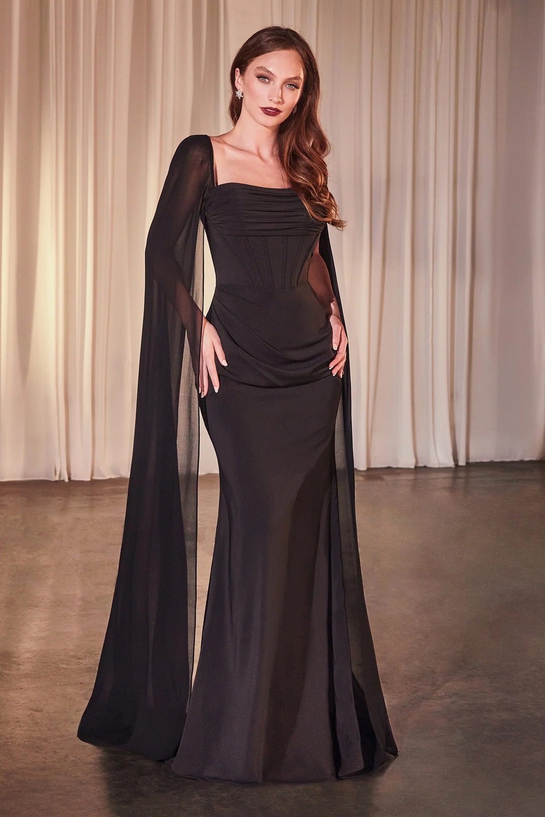 Lumidress Chiffon Cape Sleeve Sheath/Column Floor-Length Wedding Guest Dress