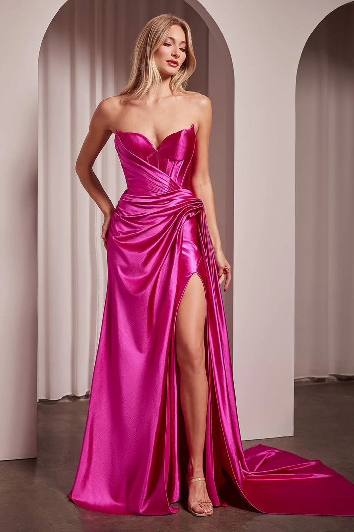 Lumidress Satin Strapless Sweetheart Bodice Long Fitted Slit Gown