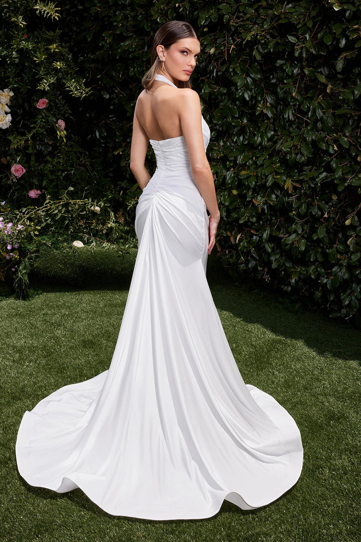 Lumidress White Satin Sleeveless Halter Neck Slit Gown