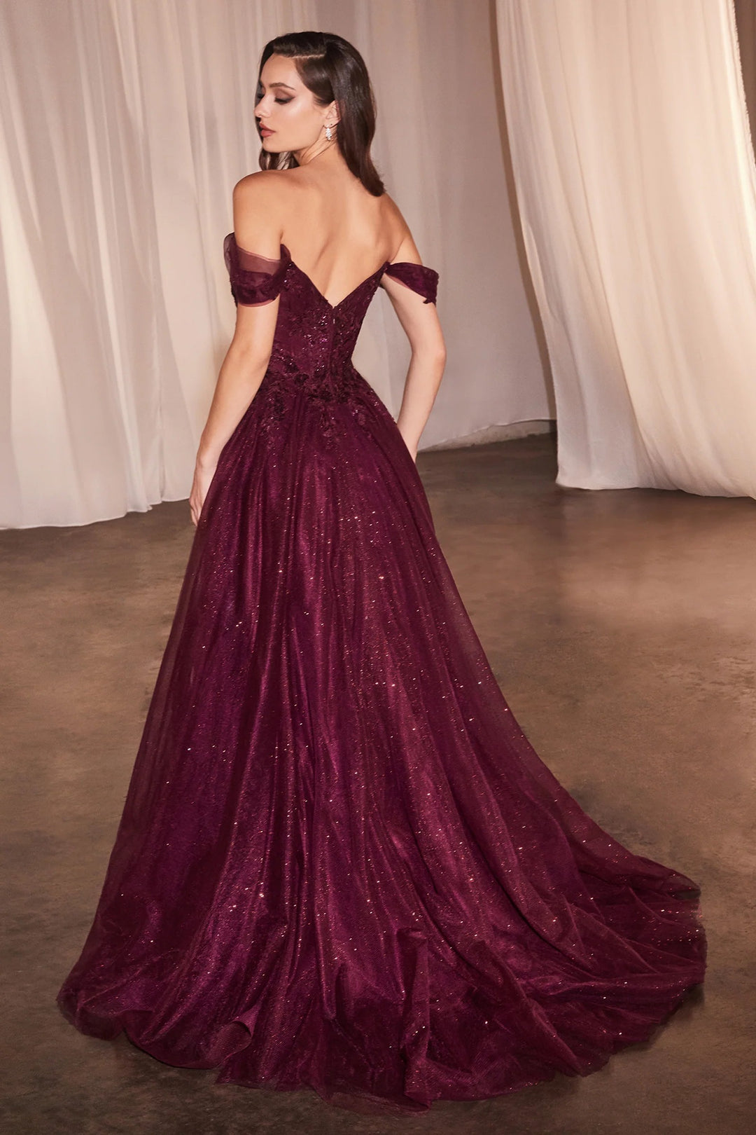 Lumidress Off Shoulder Lace Appliques Glitter Tulle A-Line Slit Gown