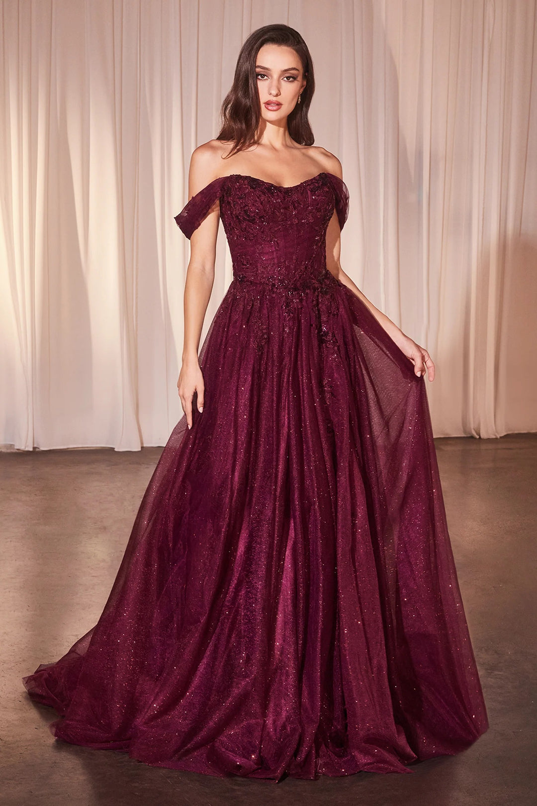 Lumidress Off Shoulder Lace Appliques Glitter Tulle A-Line Slit Gown