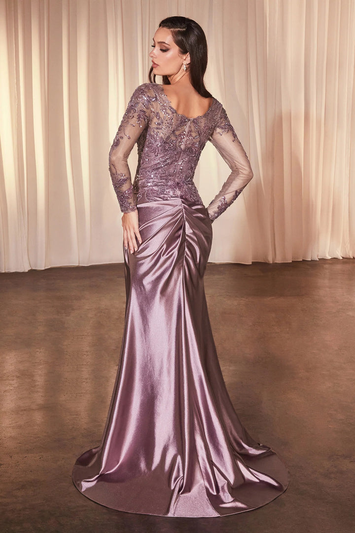 Lumidress Elegant Long Sleeve Embellished Trumpet Gown with Slit