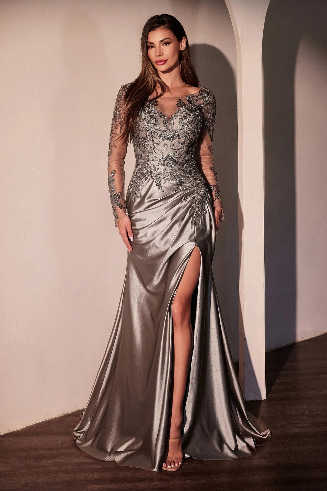 Lumidress Elegant Long Sleeve Embellished Trumpet Gown with Slit