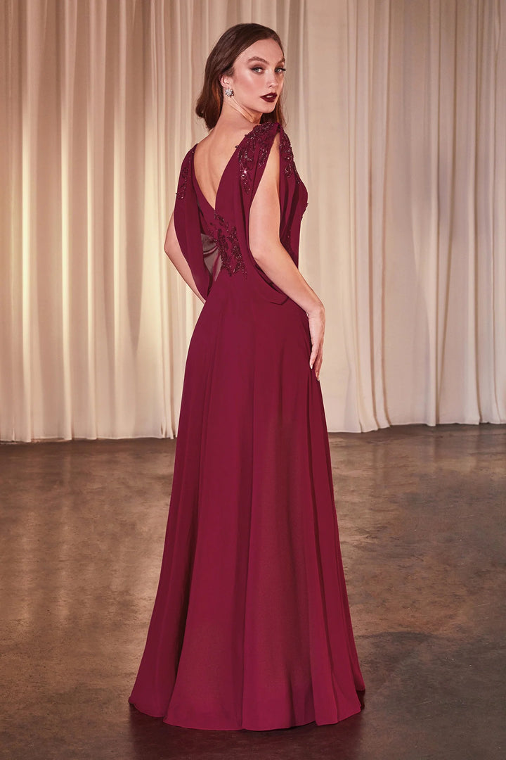 Lumidress Chiffon V-Neck Evening Gown with Split Bishop Sleeves