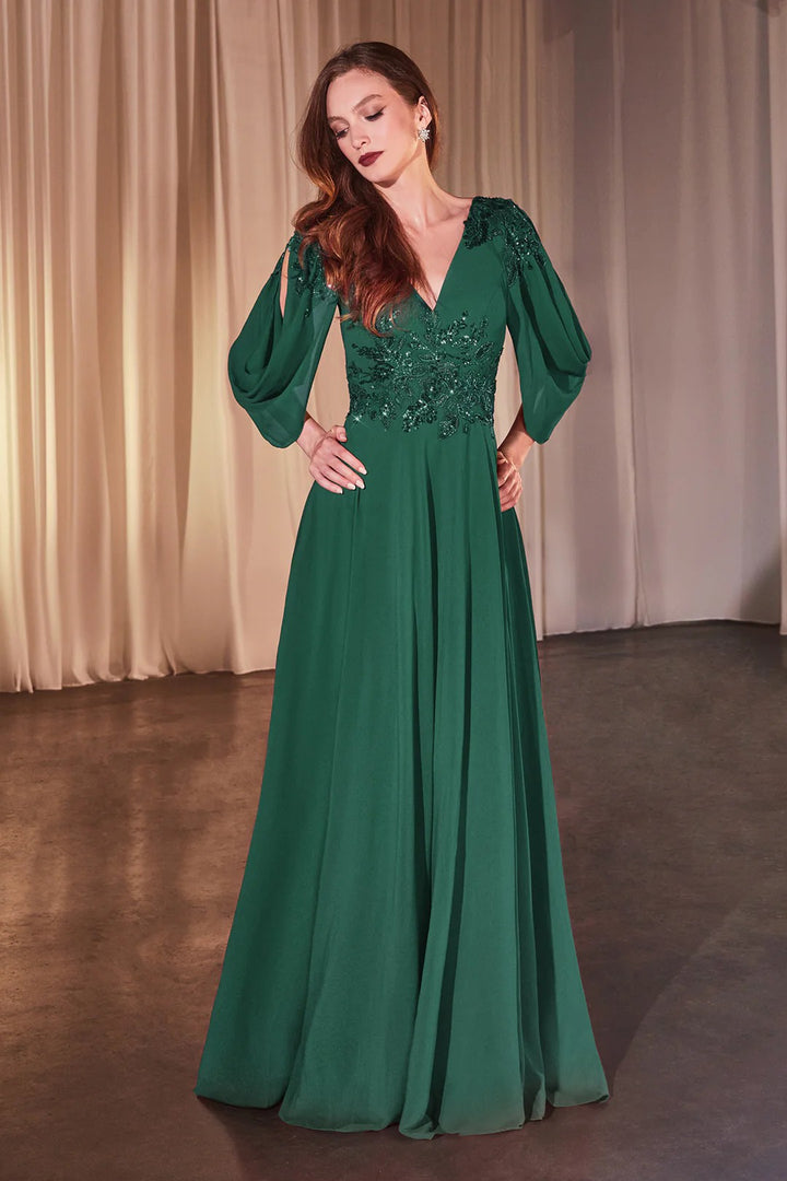 Lumidress Chiffon V-Neck Evening Gown with Split Bishop Sleeves