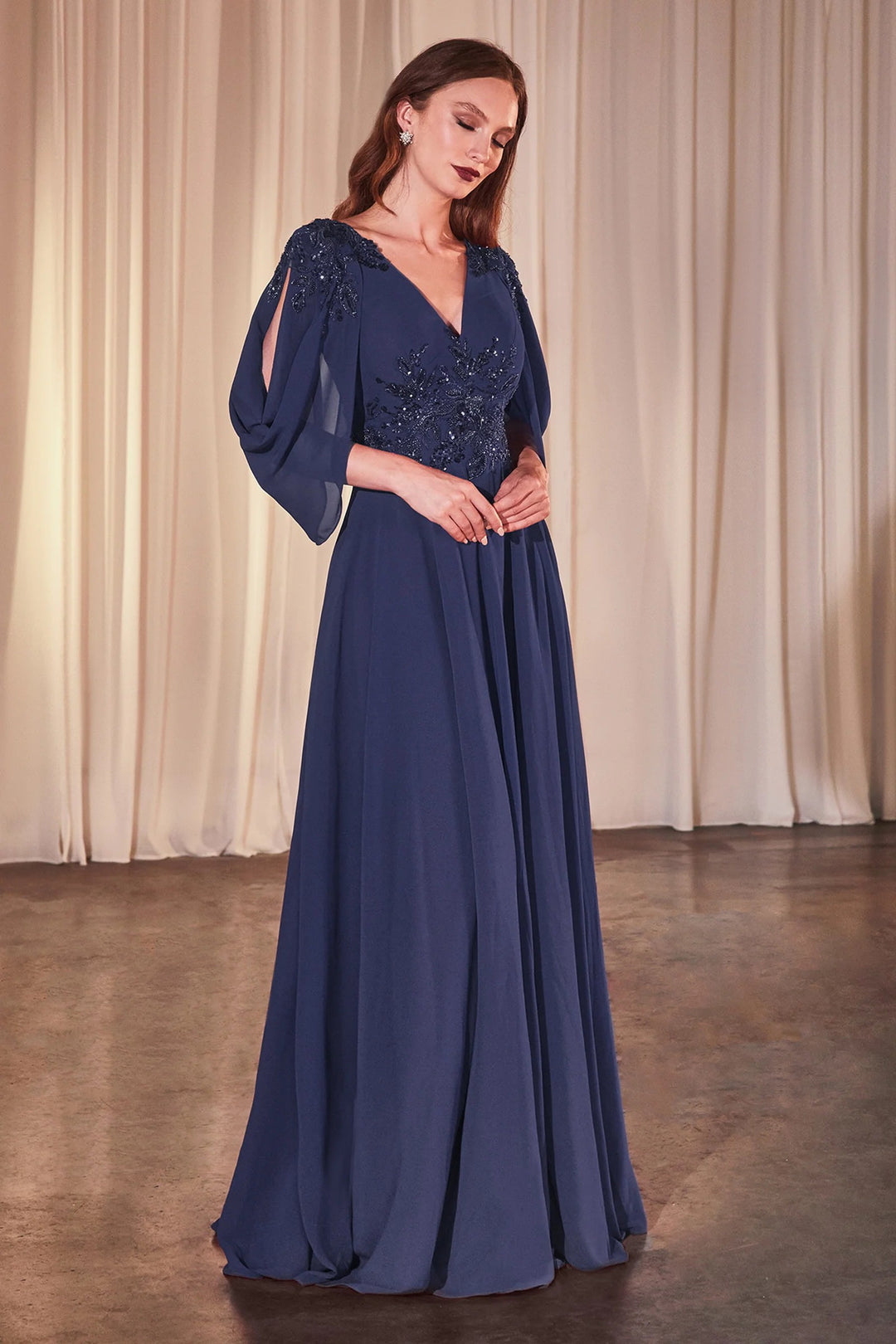 Lumidress Chiffon V-Neck Evening Gown with Split Bishop Sleeves