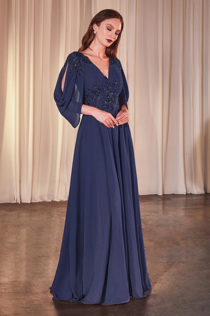 Lumidress Chiffon V-Neck Evening Gown with Split Bishop Sleeves