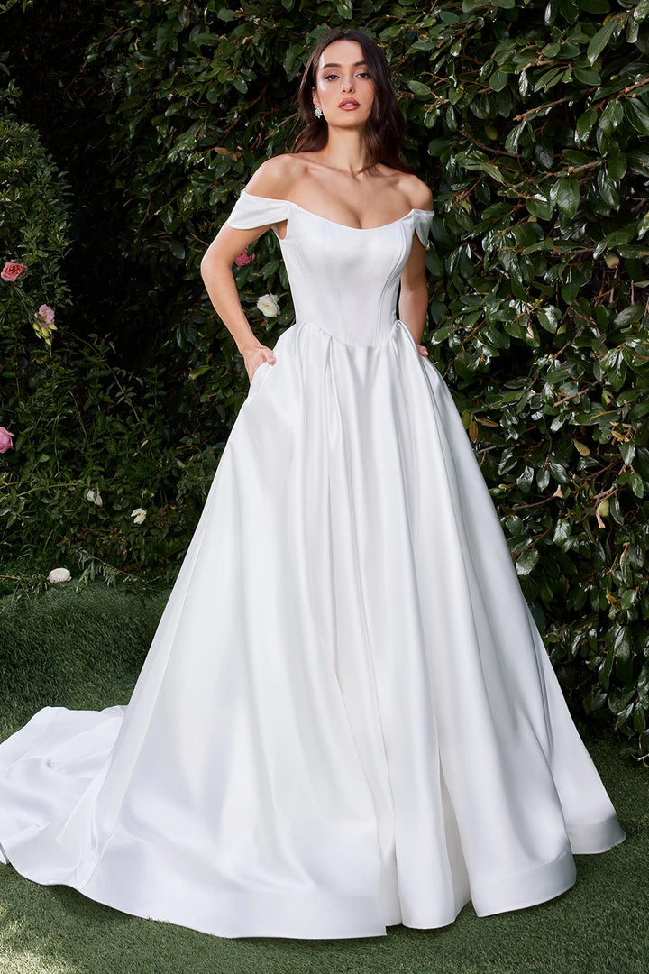 Lumidress White Satin Off Shoulder Ball Gown Wedding Dress
