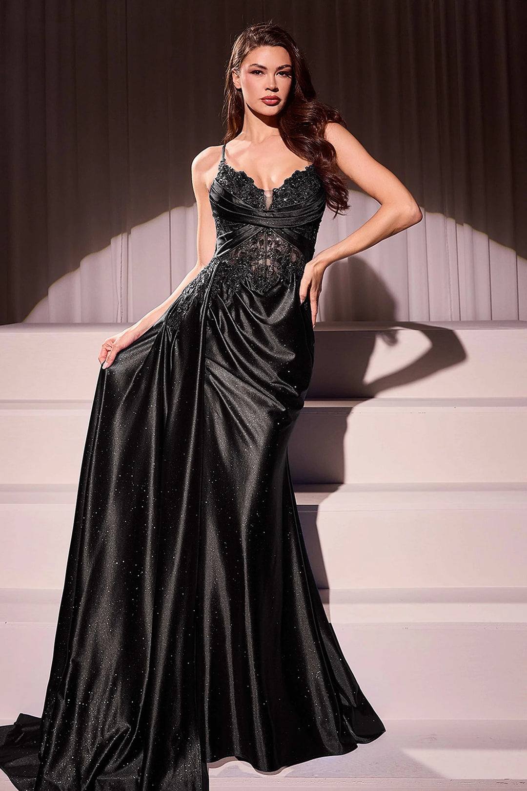 Lumidress Corset-Bodice Satin Dress with Floral Appliqué and High Slit