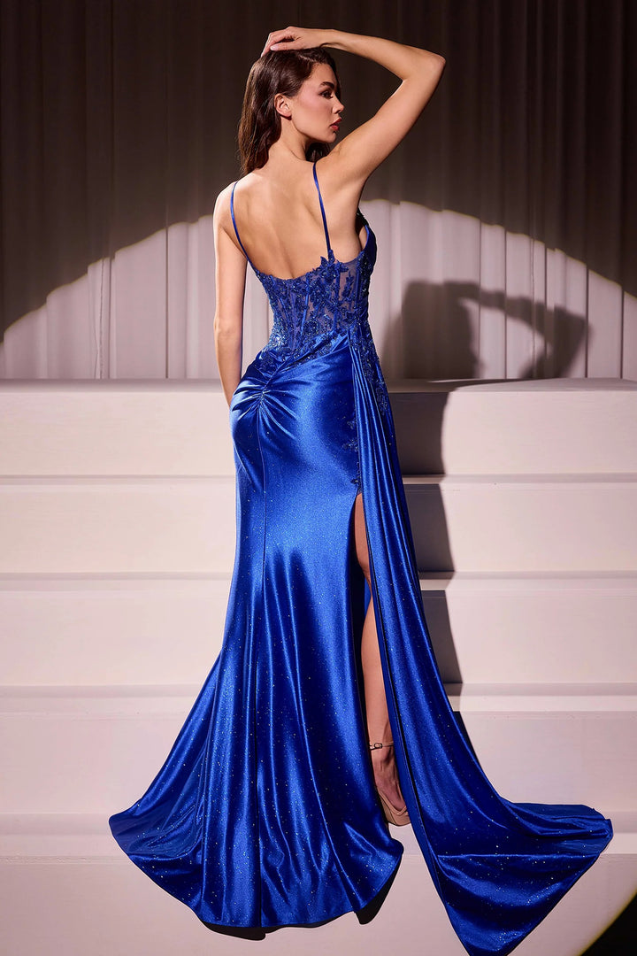 Lumidress Corset-Bodice Satin Dress with Floral Appliqué and High Slit